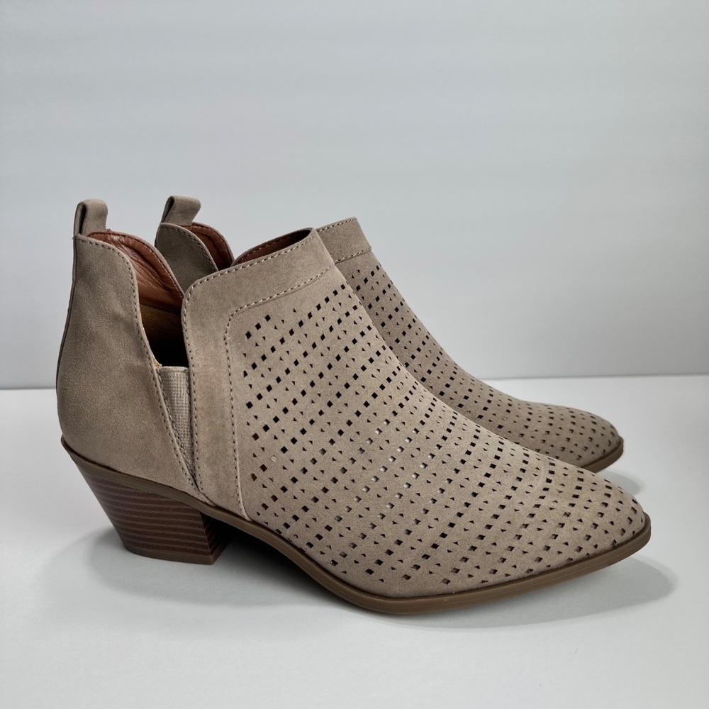 Chic Taupe Suede Ankle Booties – Perforated Detail, Size 8 - Picture 3 of 5